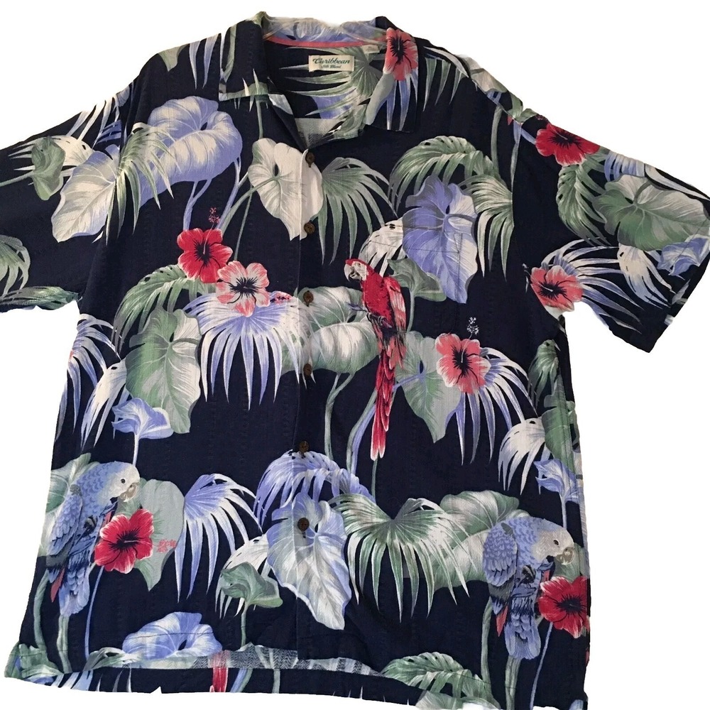 Mens XL Hawaiian Shirt Silk Blend Short Sleeve Blue Red Green Parrot Print NEW